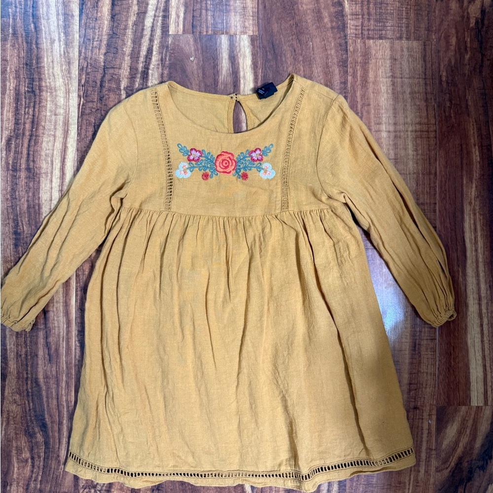 Art Class Mustard Dress with Floral Embroidery